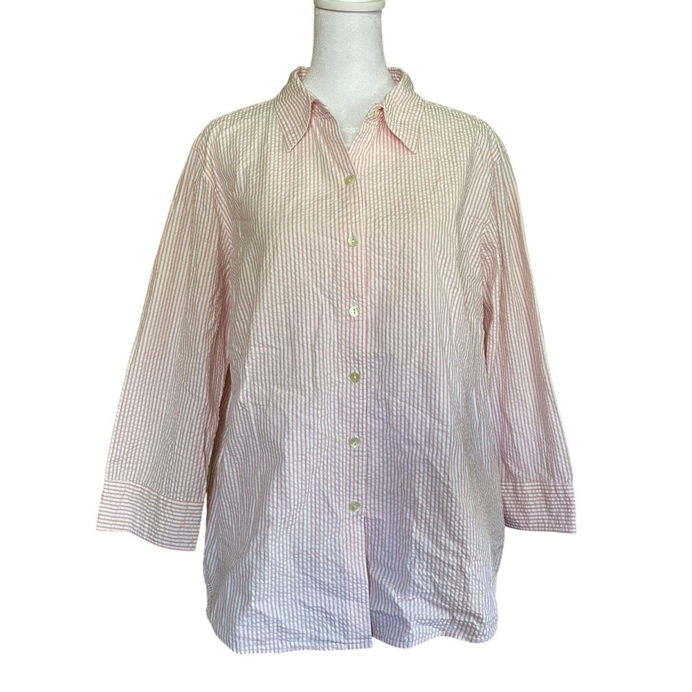 LL Bean‎ Seersucker Striped Button Down Shirt Large Cotton Coastal Grandmother